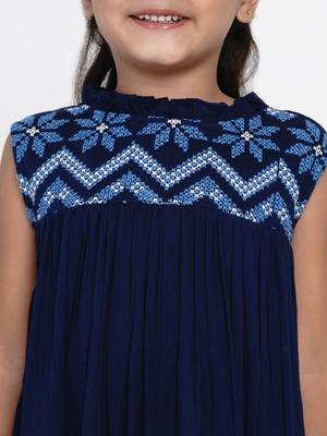 Blue Embroidered Cotton A-Line Dress 4
