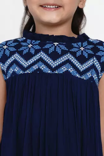 Blue Embroidered Cotton A-Line Dress