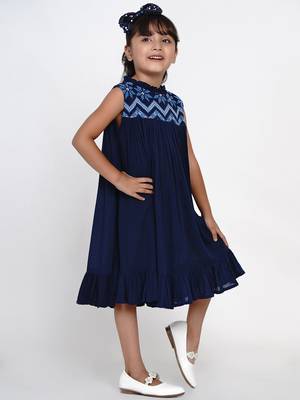 Blue Embroidered Cotton A-Line Dress 5