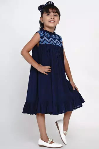 Blue Embroidered Cotton A-Line Dress