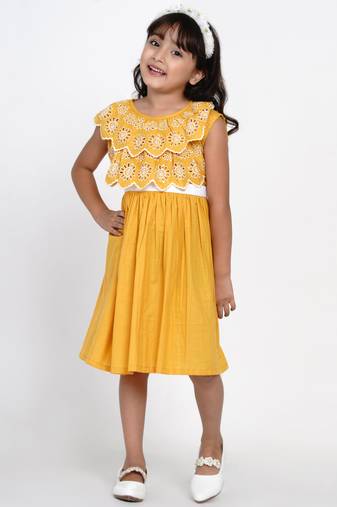 Mustard Self Design Cotton Fit & Flare Dress
