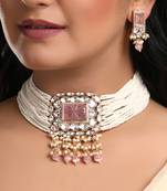 Carved rose quartz & pearls chocker set