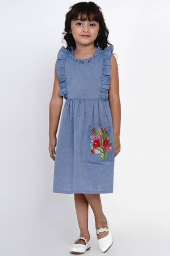 Blue Solid Cotton Fit And Flare Dress