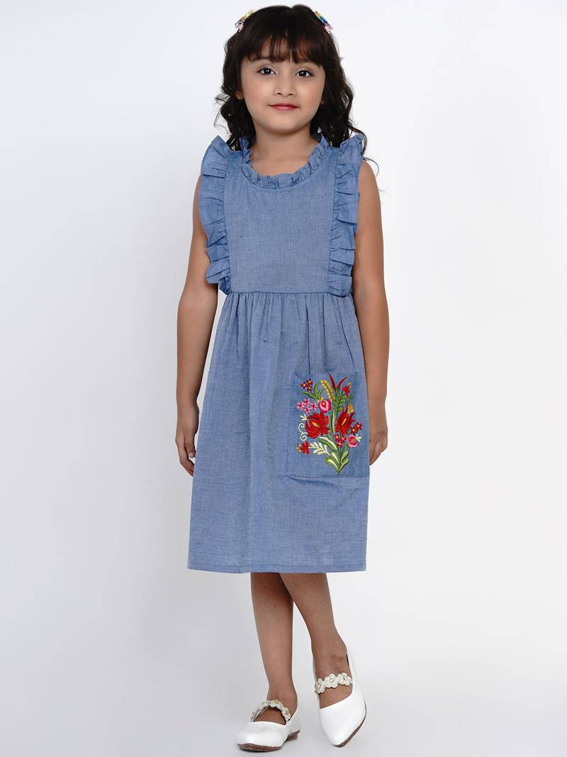 Blue Solid Cotton Fit And Flare Dress