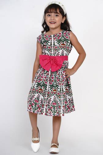 White Printed Cotton Fit And Flare Dress