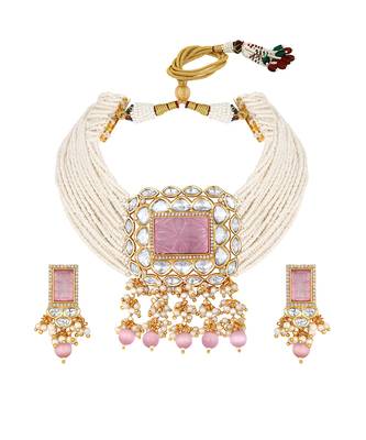 Carved rose quartz & pearls chocker set 2