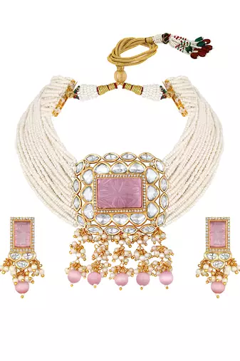 Carved rose quartz & pearls chocker set