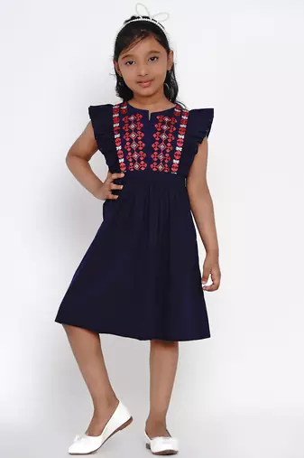 Blue Embroidered Cotton Fit And Flare Dress
