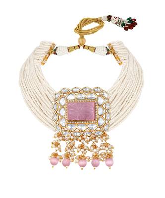 Carved rose quartz & pearls chocker set 3