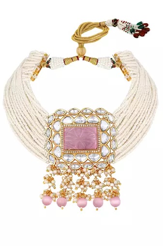 Carved rose quartz & pearls chocker set