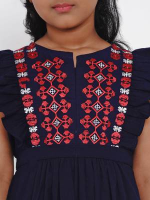 Blue Embroidered Cotton Fit And Flare Dress 4