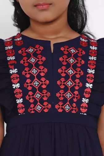 Blue Embroidered Cotton Fit And Flare Dress