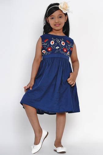 Blue Embroidered Cotton Fit And Flare Dress
