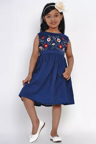 Blue Embroidered Cotton Fit And Flare Dress