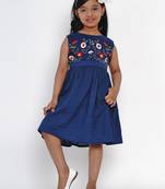 Blue Embroidered Cotton Fit And Flare Dress