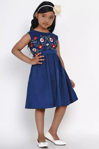 Blue Embroidered Cotton Fit And Flare Dress