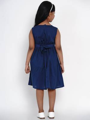 Blue Embroidered Cotton Fit And Flare Dress 3