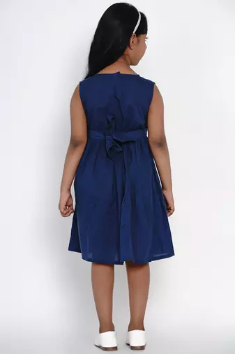 Blue Embroidered Cotton Fit And Flare Dress