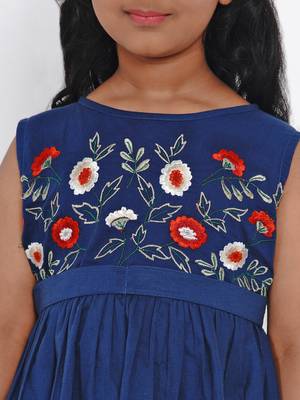 Blue Embroidered Cotton Fit And Flare Dress 4