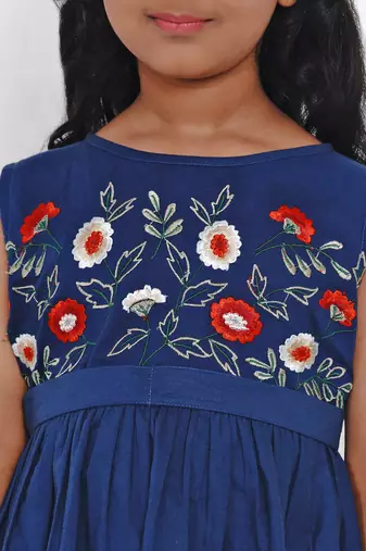 Blue Embroidered Cotton Fit And Flare Dress