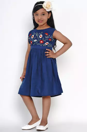 Blue Embroidered Cotton Fit And Flare Dress