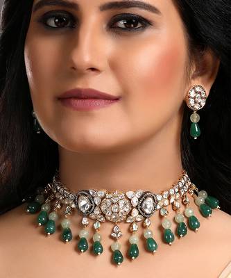 Green beads & moissanite polki choker set 1