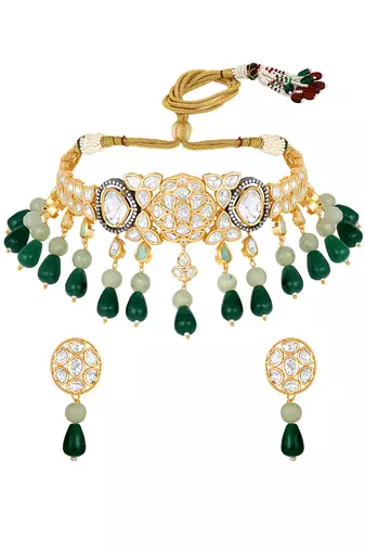 Green beads & moissanite polki choker set