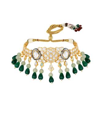 Green beads & moissanite polki choker set 3
