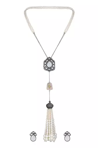 Chrome black mother of pearl & polki necklace set