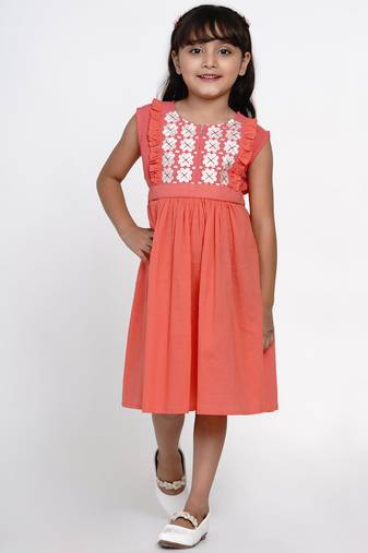 Peach Embroidered Cotton Fit And Flare Dress