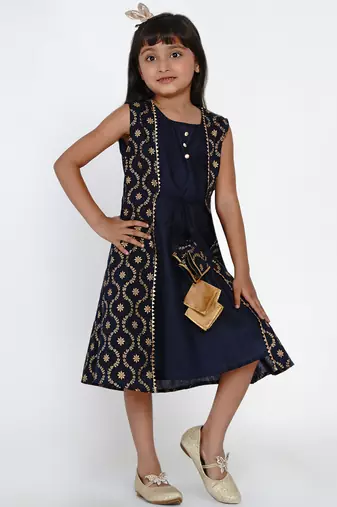 Blue Printed Cotton A-Line Dress
