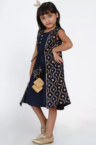 Blue Printed Cotton A-Line Dress