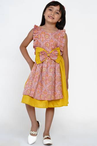 Yellow Printed Cotton Fit And Flare Dress