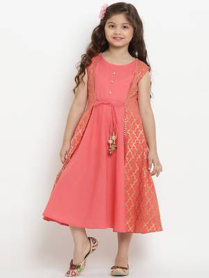 Peach Printed Cotton Fit And Flare Dress 1