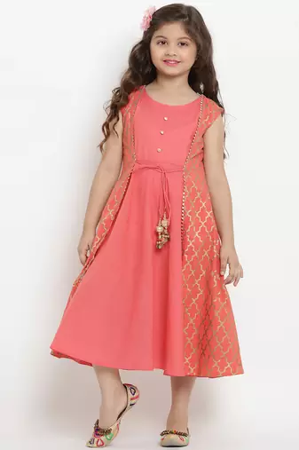 Peach Printed Cotton Fit And Flare Dress