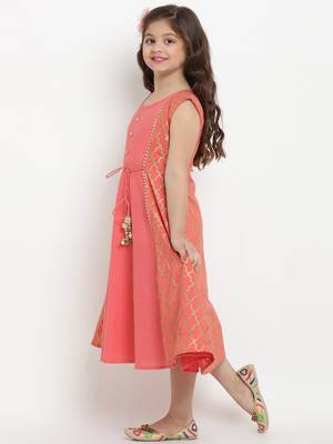 Peach Printed Cotton Fit And Flare Dress 2