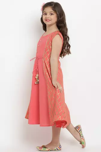 Peach Printed Cotton Fit And Flare Dress
