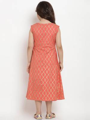 Peach Printed Cotton Fit And Flare Dress 3