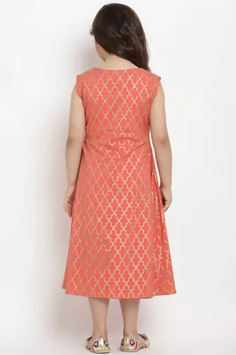 Peach Printed Cotton Fit And Flare Dress