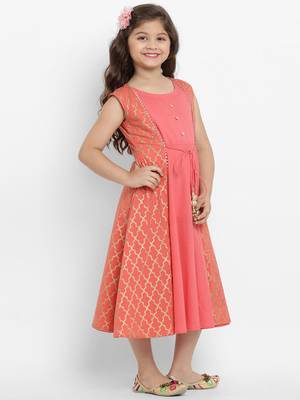 Peach Printed Cotton Fit And Flare Dress 5