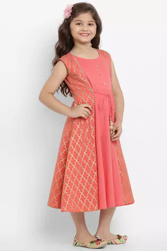 Peach Printed Cotton Fit And Flare Dress
