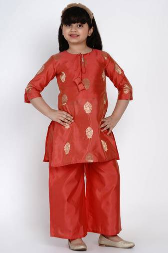 Peach Self Design Silk Kurta Set