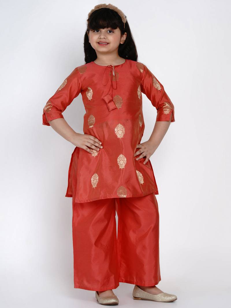 Peach Self Design Silk Kurta Set