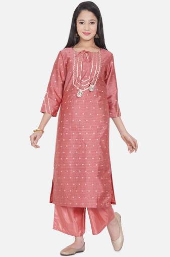 Peach Embroidered Poly Silk Kurta Set