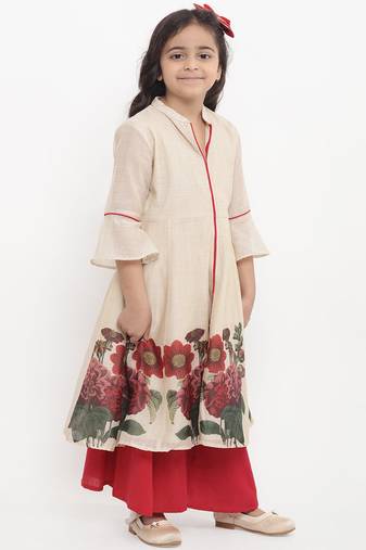 Beige Printed Silk Kurta Set