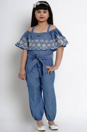 Blue Solid Cotton Jumpsuit