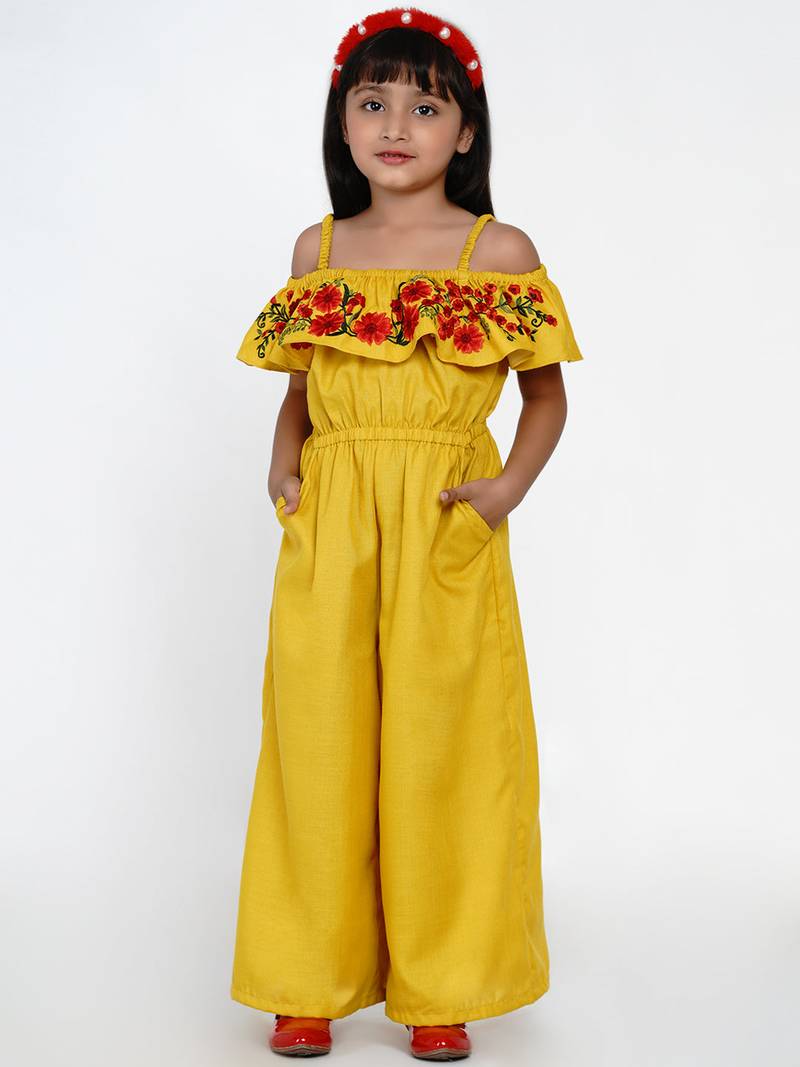 Mustard Embroidered Cotton Jumpsuit