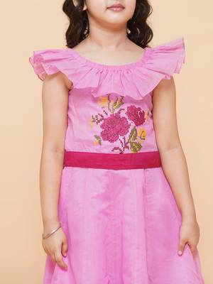 Pink Embroidered Cotton Fit & Flare Dress 4