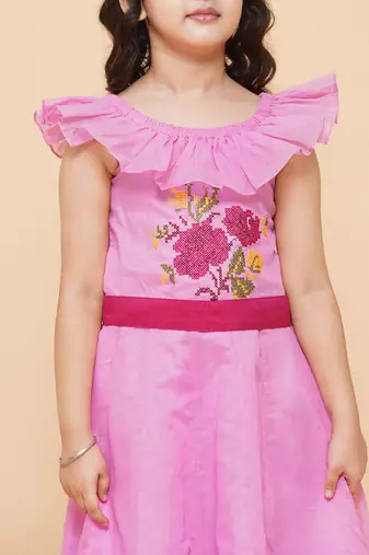 Pink Embroidered Cotton Fit & Flare Dress