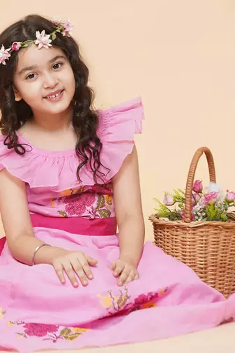 Pink Embroidered Cotton Fit & Flare Dress